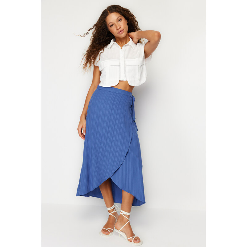 Trendyol Navy Blue Double Breasted Closure Tie Detail Midi Length Woven Skirt