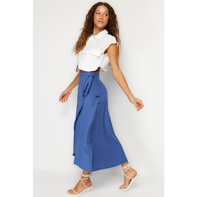 Trendyol Navy Blue Double Breasted Closure Tie Detail Midi Length Woven Skirt