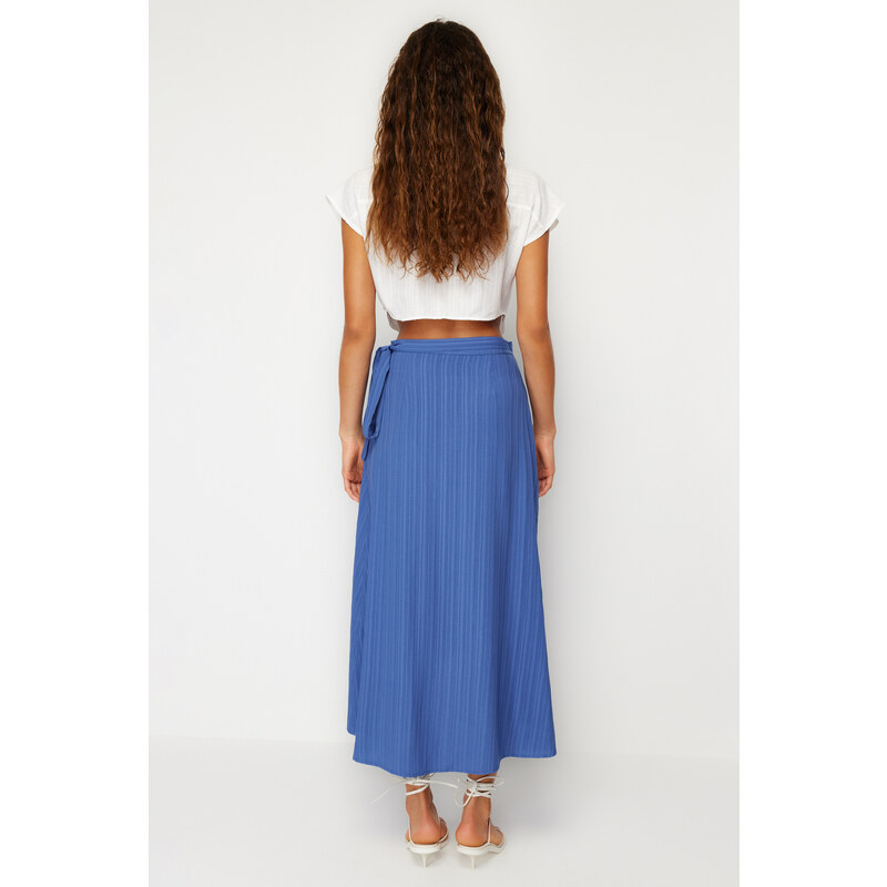 Trendyol Navy Blue Double Breasted Closure Tie Detail Midi Length Woven Skirt