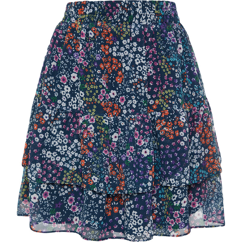 Trendyol Navy Blue Lined Flounce Chiffon Floral Pattern Mini Woven Skirt