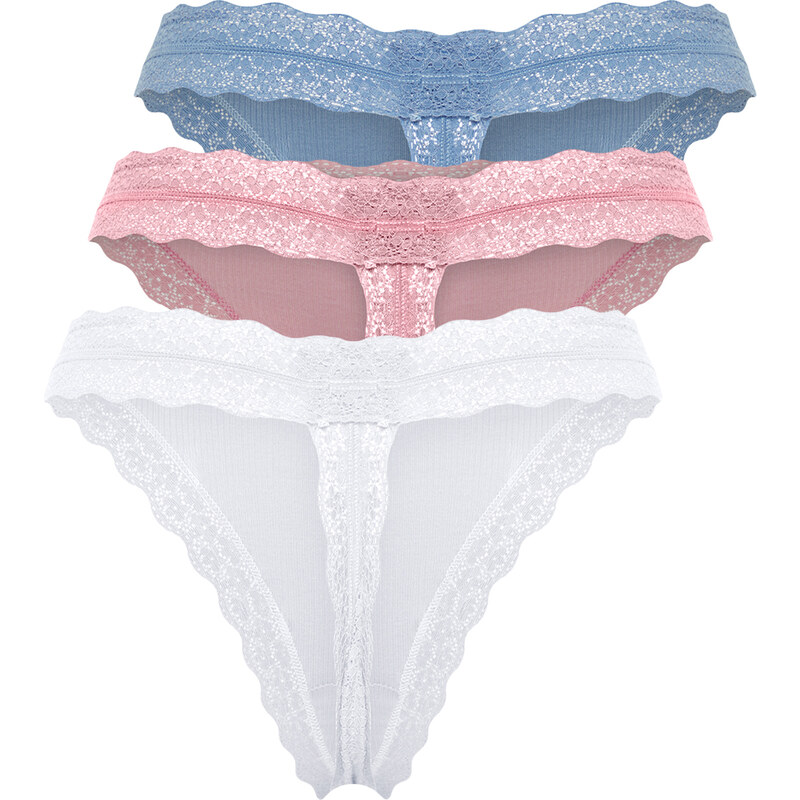 Trendyol White-Pink-Blue 3 Pack 100% Cotton Corded Lace Detailed String Knitted Panties