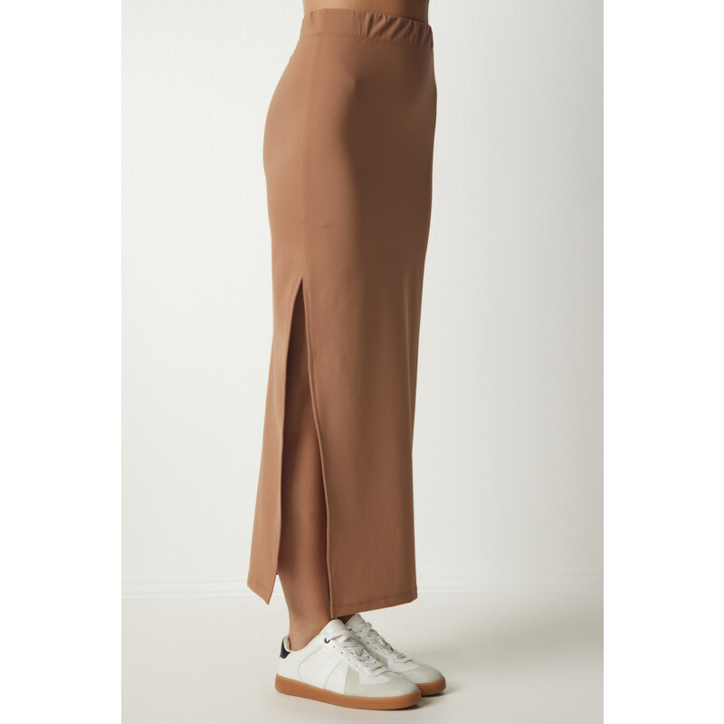 Happiness İstanbul Women's Biscuit Knitted Woven Midi Skirt with a Slit