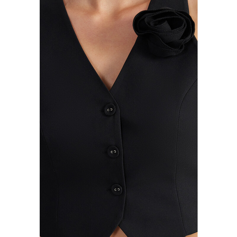 Trendyol Black Fitted Rose Detailed Woven Vest