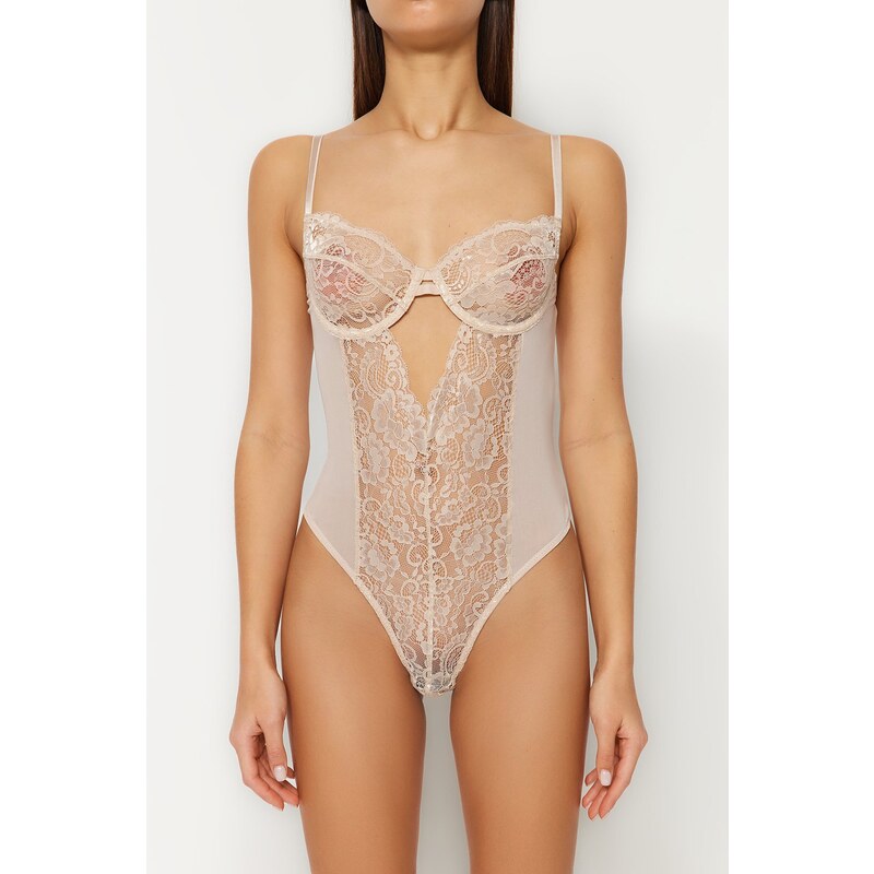 Trendyol Ecru Lace Window/Cut Out Detailed Knitted Bodysuit