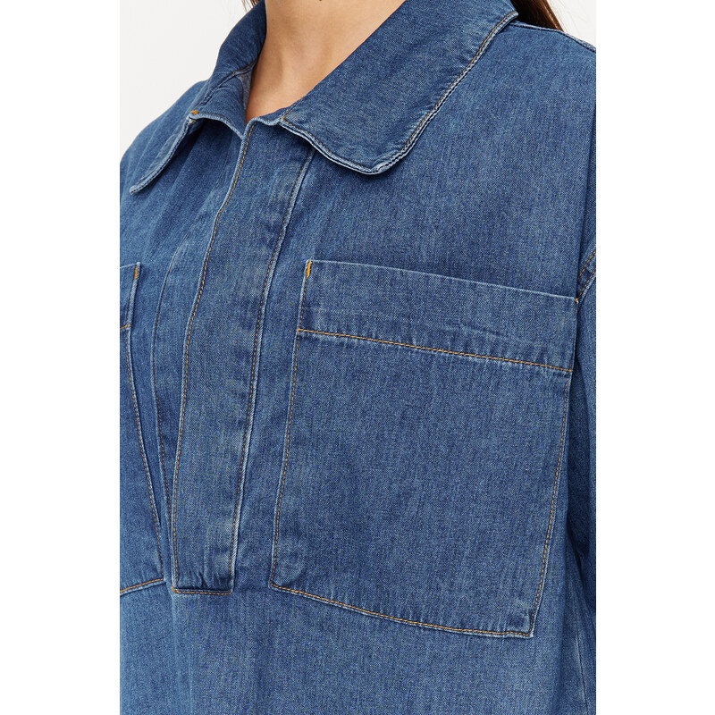 Trendyol Dark Blue More Sustainable Oversize Denim Shirt with Pocket Detail