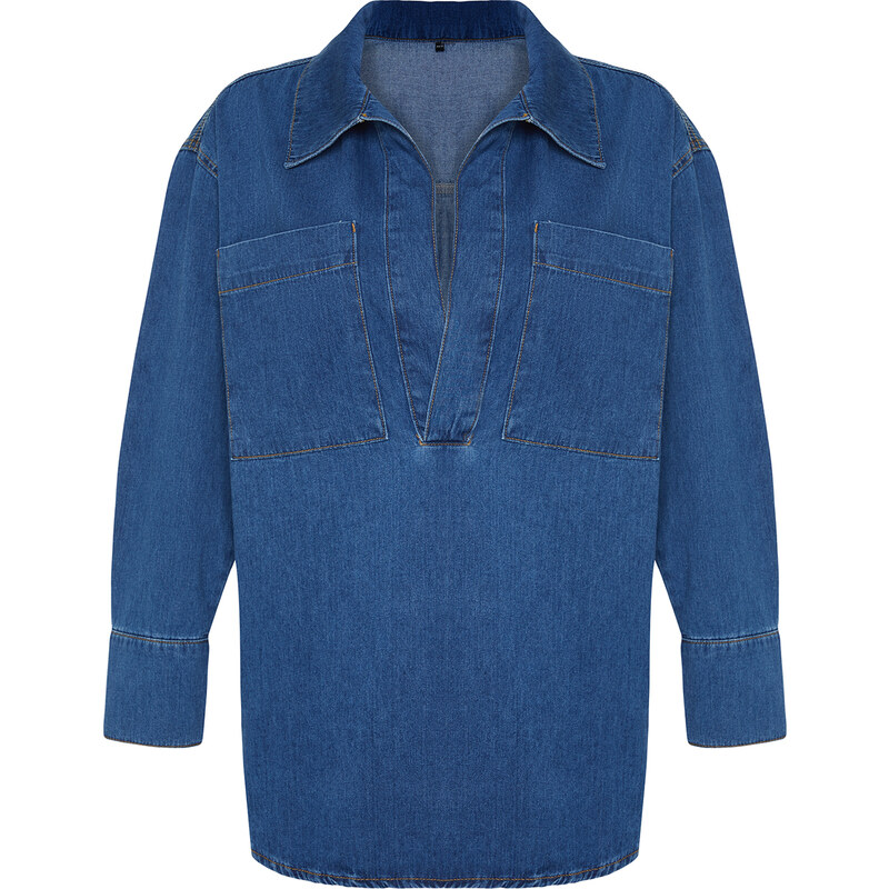 Trendyol Dark Blue More Sustainable Oversize Denim Shirt with Pocket Detail