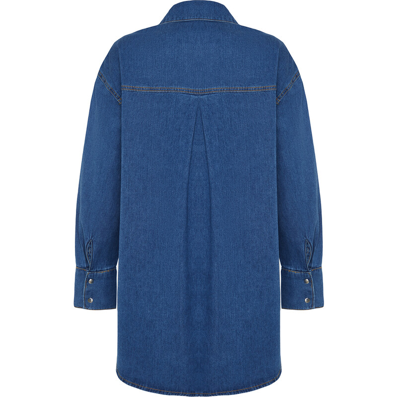 Trendyol Dark Blue More Sustainable Oversize Denim Shirt with Pocket Detail