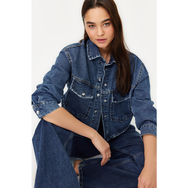 Trendyol Blue Ripped Detailed Oversize Crop Denim Shirt Jacket