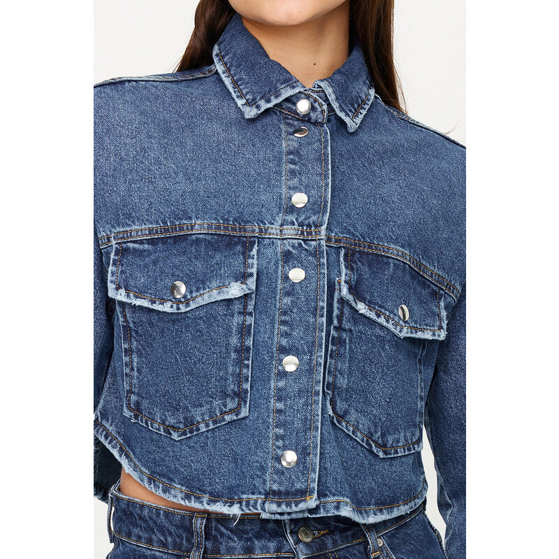 Trendyol Blue Ripped Detailed Oversize Crop Denim Shirt Jacket