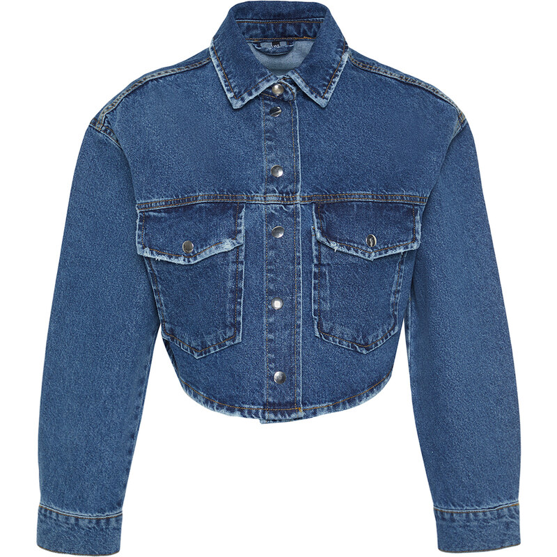 Trendyol Blue Ripped Detailed Oversize Crop Denim Shirt Jacket