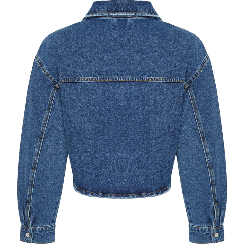 Trendyol Blue Ripped Detailed Oversize Crop Denim Shirt Jacket