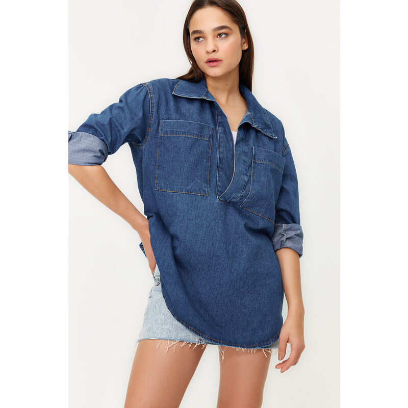 Trendyol Dark Blue More Sustainable Oversize Denim Shirt with Pocket Detail