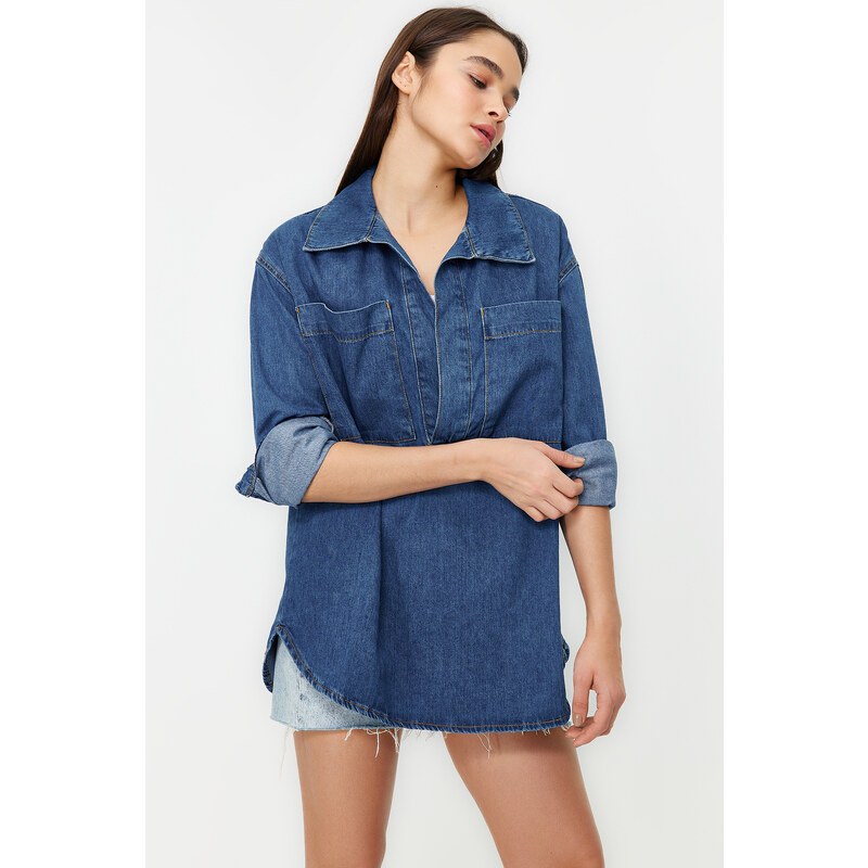 Trendyol Dark Blue More Sustainable Oversize Denim Shirt with Pocket Detail