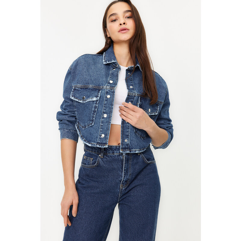 Trendyol Blue Ripped Detailed Oversize Crop Denim Shirt Jacket