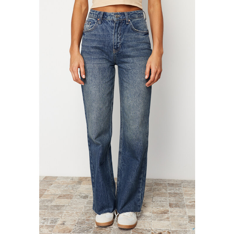 Trendyol Dark Blue More Sustainable Leg Detail High Waist Wide Leg Jeans