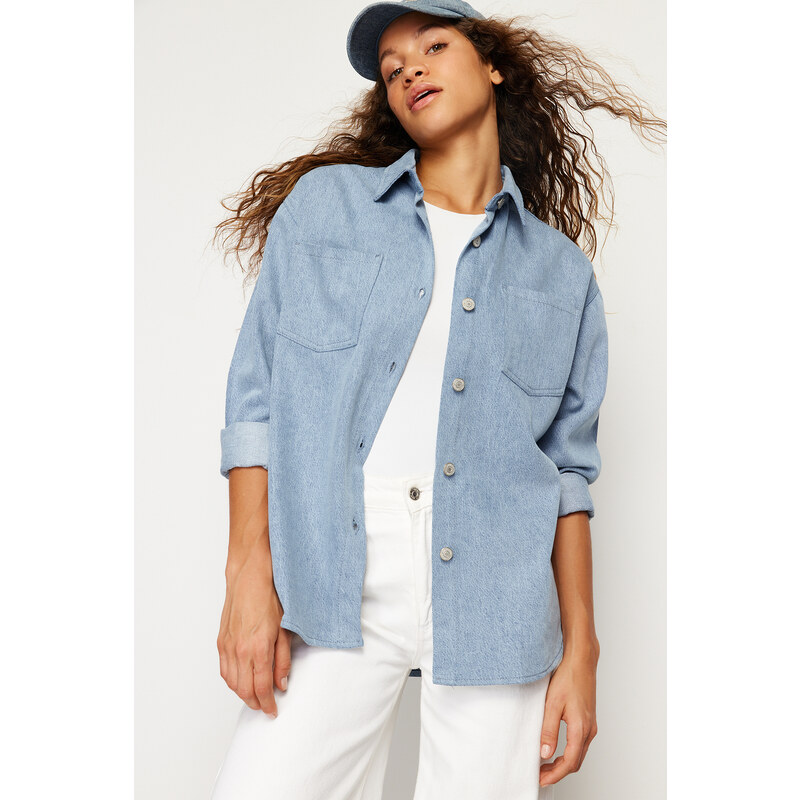 Trendyol modrá oversized džínová košile bunda 115731231