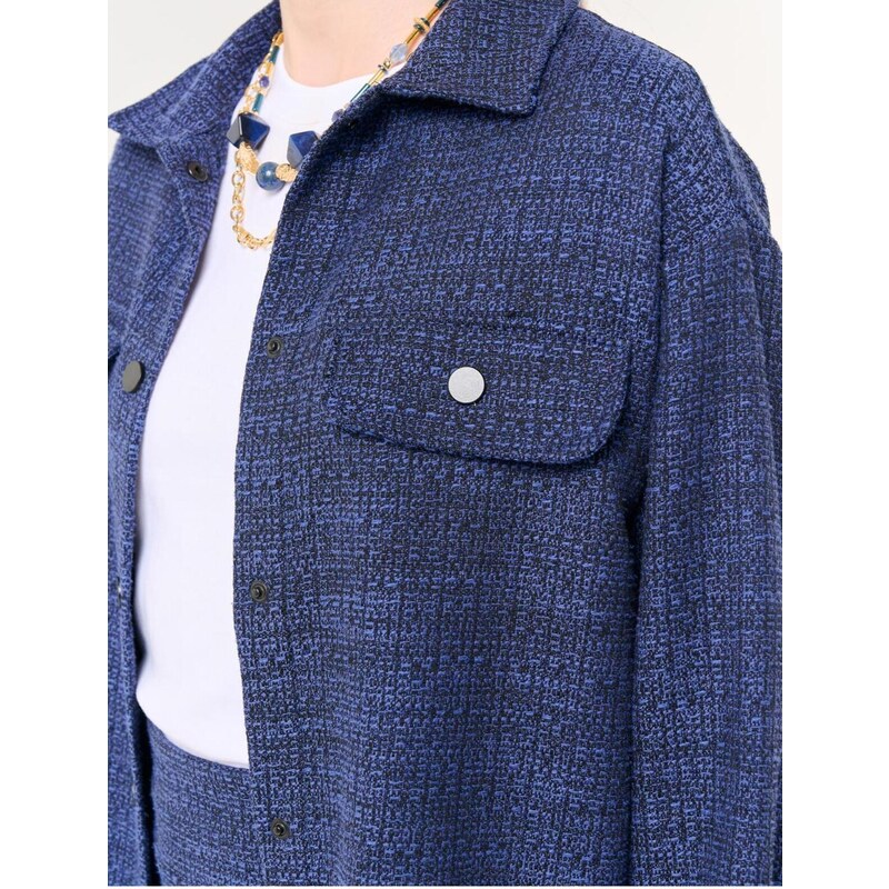 Jimmy Key Navy Blue Long Sleeved Tweed Shirt Jacket with Pockets