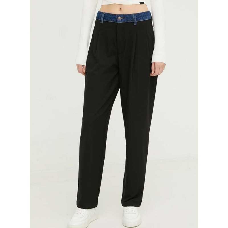 Kalhoty Desigual MILAN dámské, černá barva, jednoduché, high waist, 24SWPW15