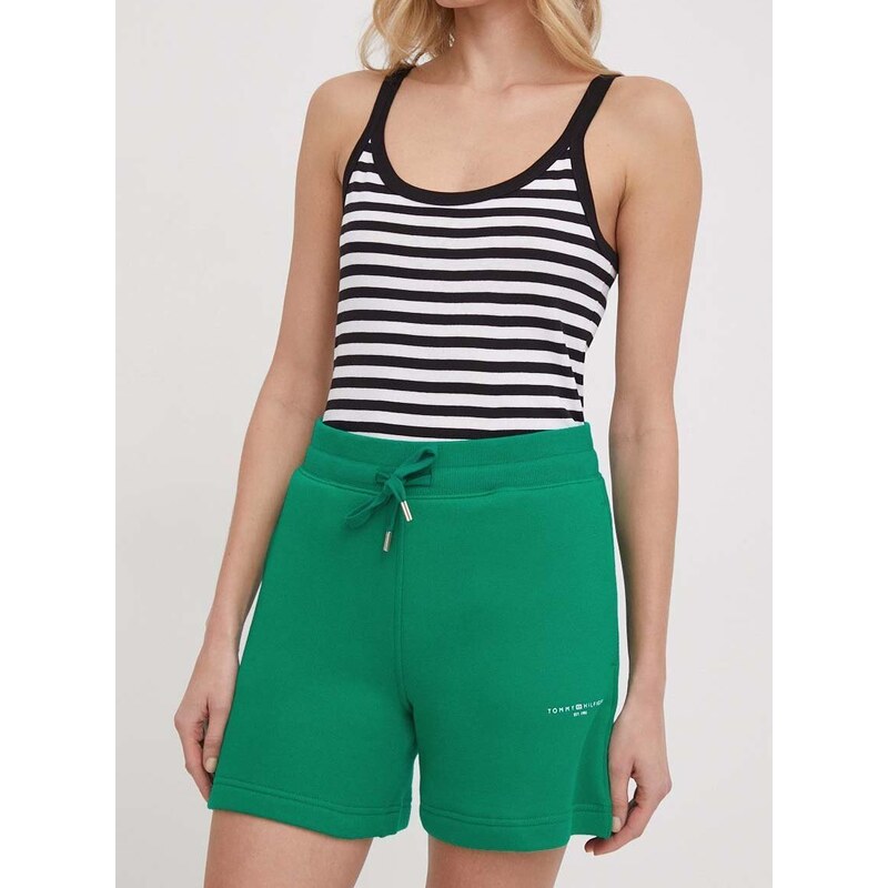 Kraťasy Tommy Hilfiger dámské, zelená barva, hladké, high waist