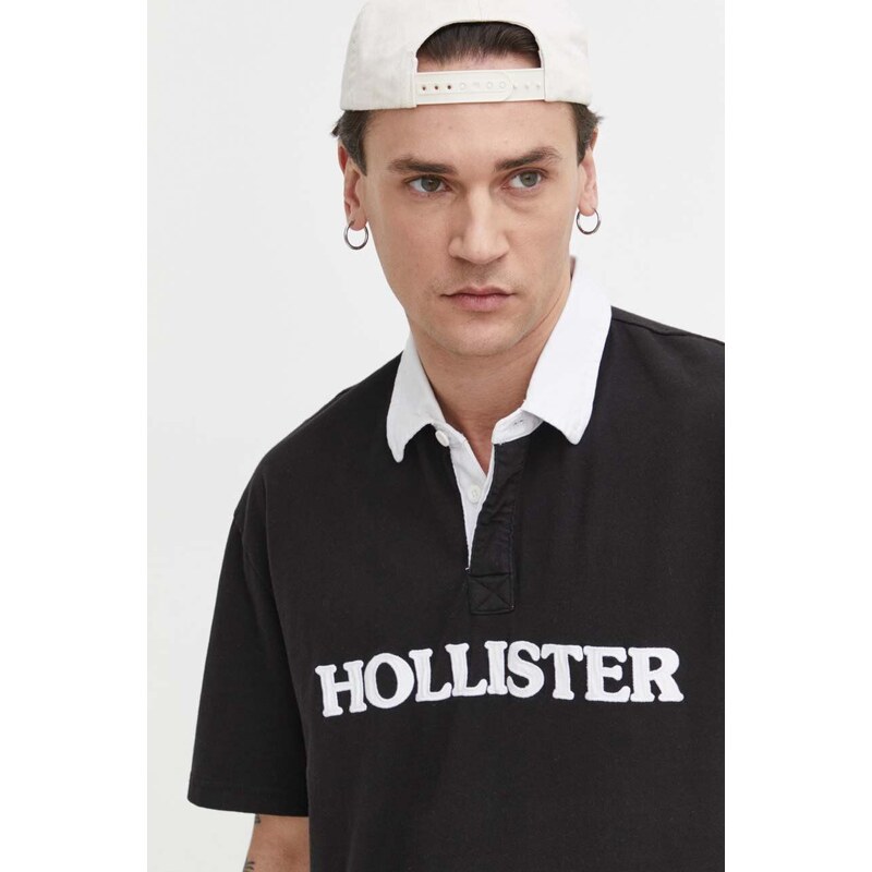 Bavlněné polo tričko Hollister Co. černá barva, s aplikací