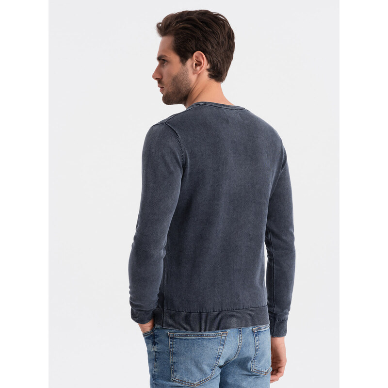 Ombre Clothing Praný pánský svetr s výstřihem - tmavě modrý V2 OM-SWOS-0108