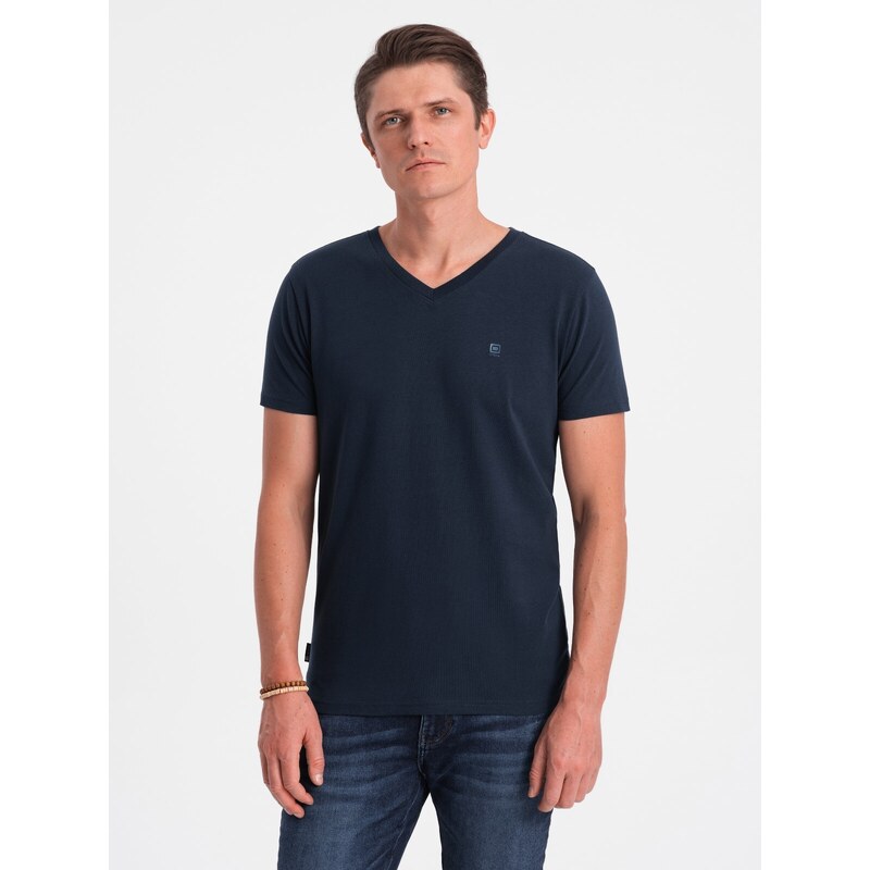 Ombre Clothing Pánské tričko V-NECK s elastanem - tmavě modré V2 OM-TSCT-0106