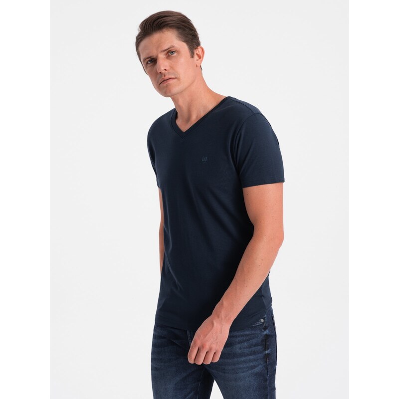 Ombre Clothing Pánské tričko V-NECK s elastanem - tmavě modré V2 OM-TSCT-0106