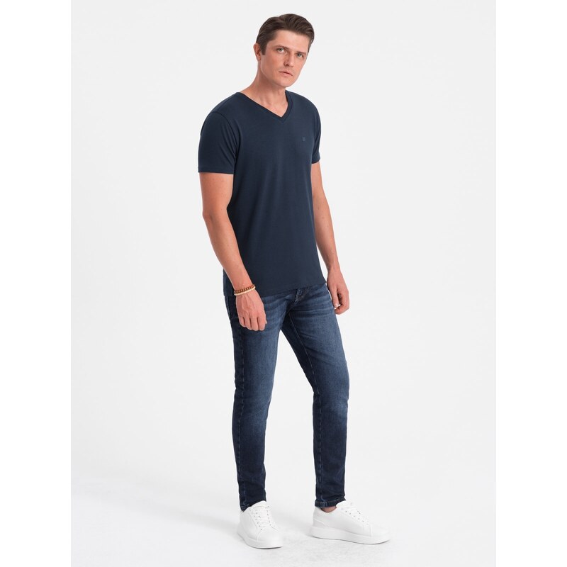 Ombre Clothing Pánské tričko V-NECK s elastanem - tmavě modré V2 OM-TSCT-0106