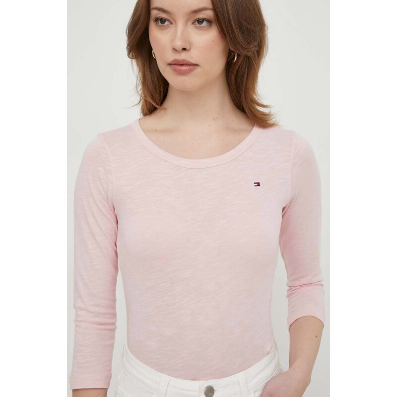 Bavlněné tričko s dlouhým rukávem Tommy Hilfiger růžová barva