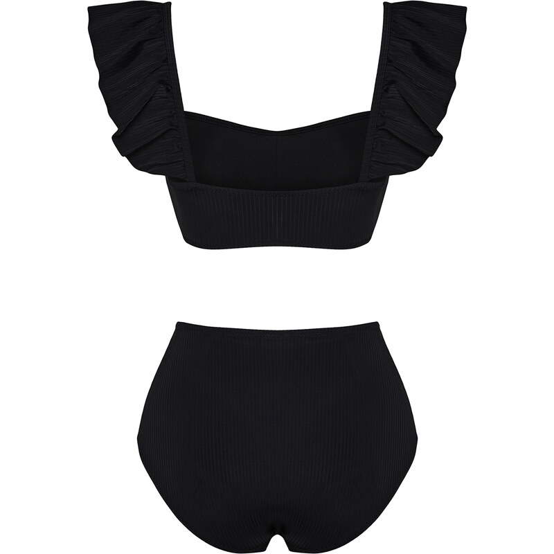 Trendyol Black Bralette Frilly Textured High Waist Hipster Bikini Set