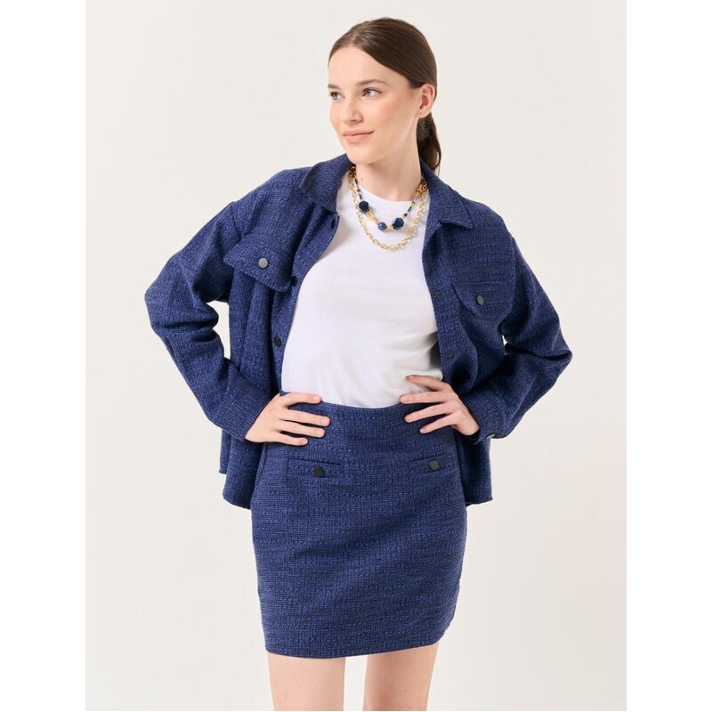 Jimmy Key Navy Blue High Waist Mini Tweed Skirt