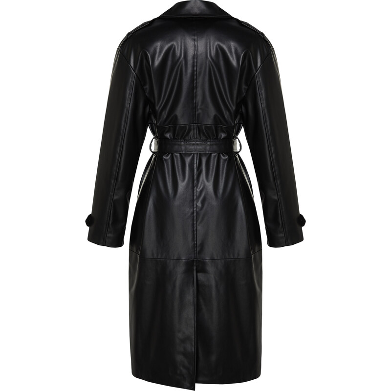 Trendyol Black Belted Faux Leather Trench Coat