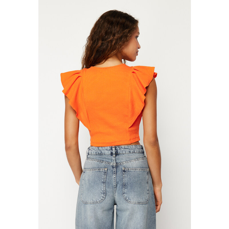 Trendyol Orange Sleeves Ruffled Ribbed Stretchy Crop Knitted Blouse