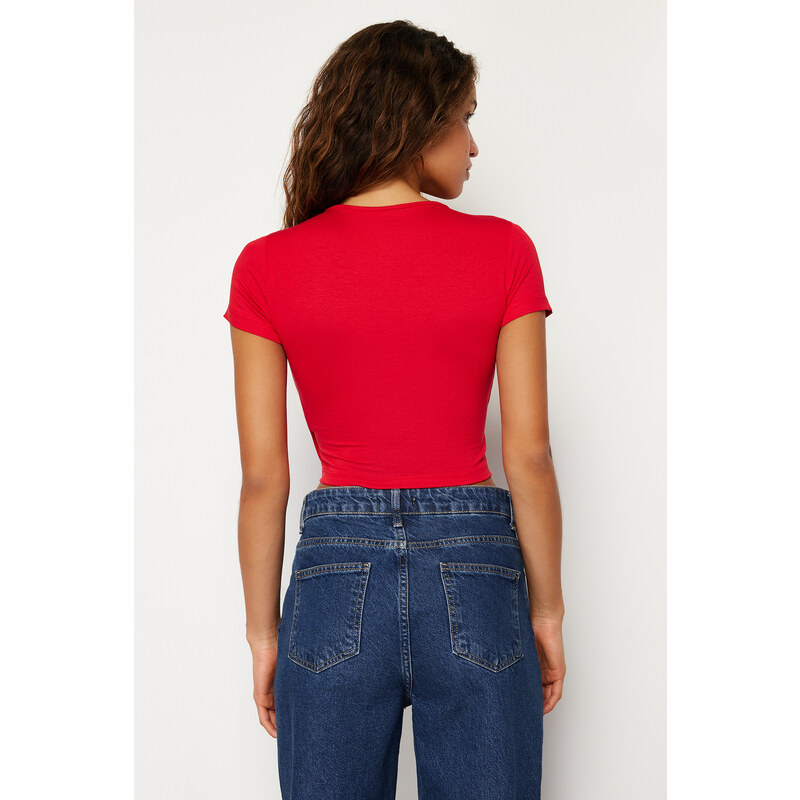 Trendyol Red Fitted/Situated Double Breasted Neck Crop Viscose Stretch Knit Blouse