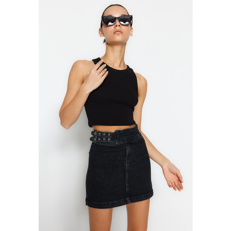 Trendyol Black Accessory Detailed Mini Normal Waist Denim Skirt
