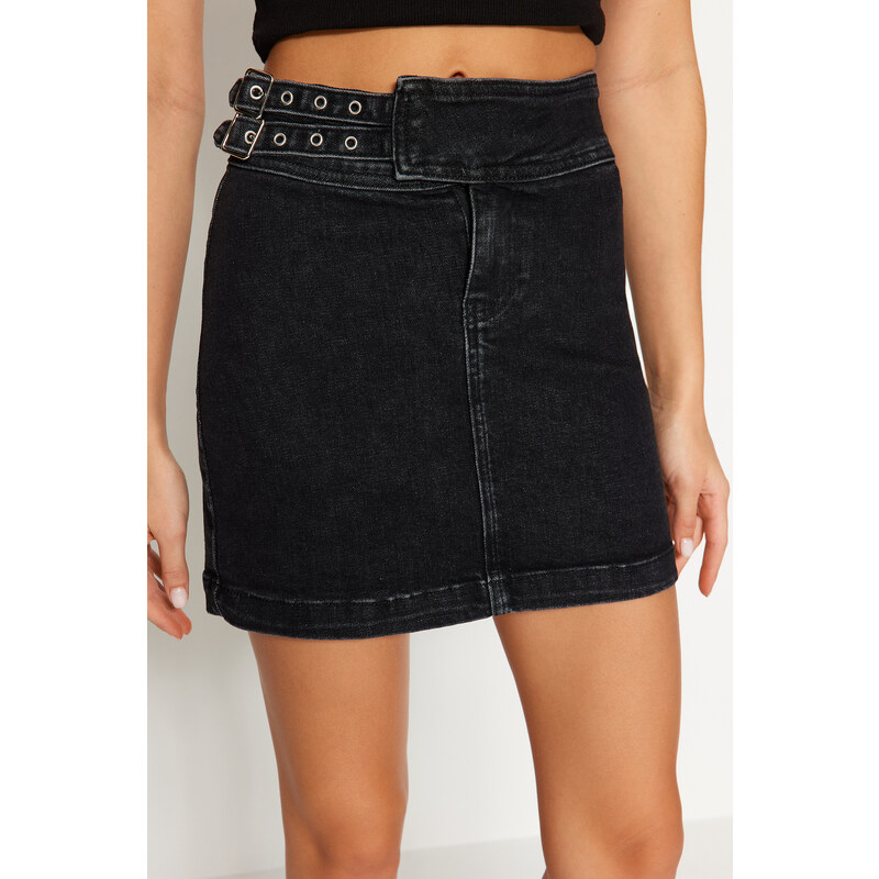 Trendyol Black Accessory Detailed Mini Normal Waist Denim Skirt