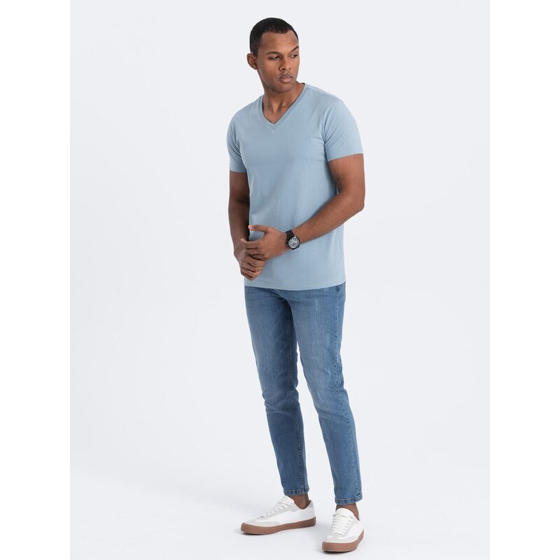 Ombre Clothing Bavlněné pánské denim tričko s výstřihem do V V11-TSBS-0145