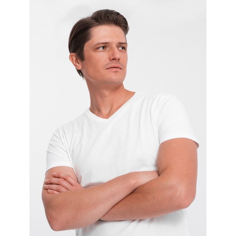 Ombre Clothing Bavlněné pánské bílé tričko s výstřihem do V V4-TSBS-0145