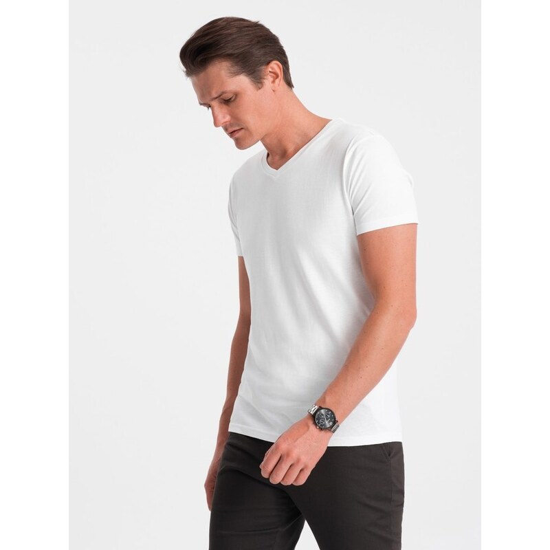 Ombre Clothing Bavlněné pánské bílé tričko s výstřihem do V V4-TSBS-0145