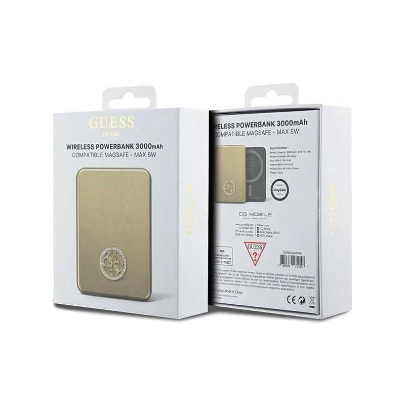 Guess MagSafe 4G Strassed Metal Logo 5W 3000mAh zlatá indukční powerbanka