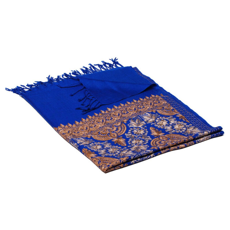 Pranita Kašmírská vlněná šála vyšívaná hedvábím modrá se světle hnědou