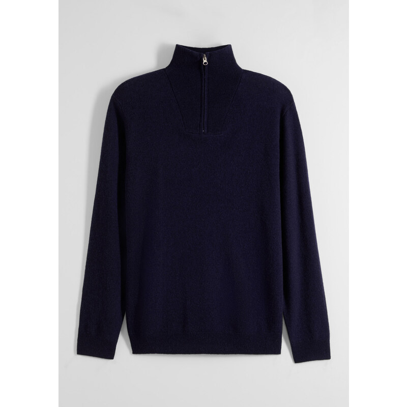 bonprix Vlněný svetr s podílem Good Cashmere Standard, límeček na zip Modrá