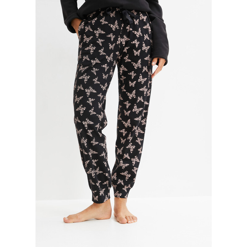 bonprix Pyžamové kalhoty s průhmatovými kapsami a saténovou stužkou Černá