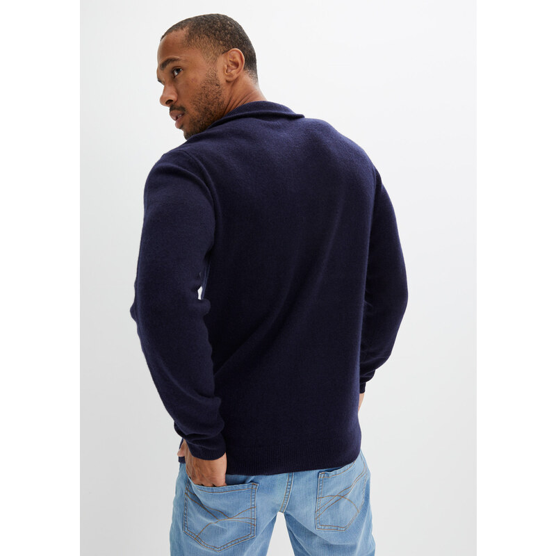 bonprix Vlněný svetr s podílem Good Cashmere Standard, límeček na zip Modrá