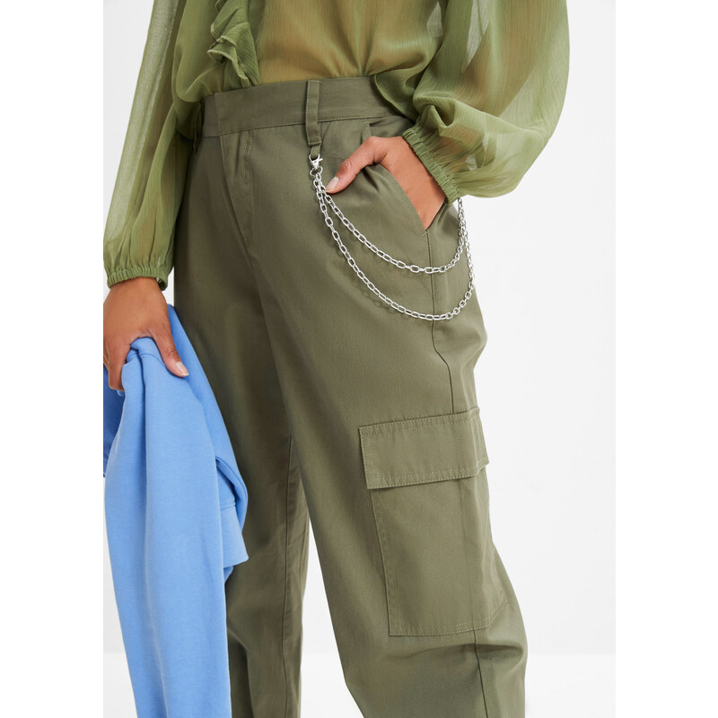 bonprix Cargo kalhoty s řetízkovým detailem Zelená