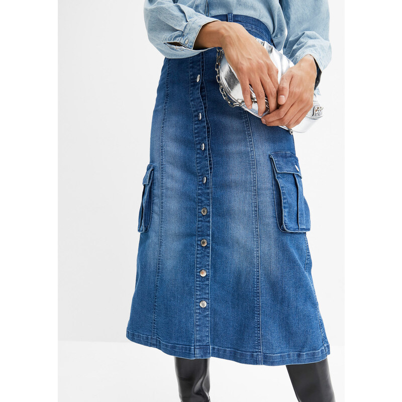 bonprix Komfortní strečové sukně s cargo kapsami Modrá