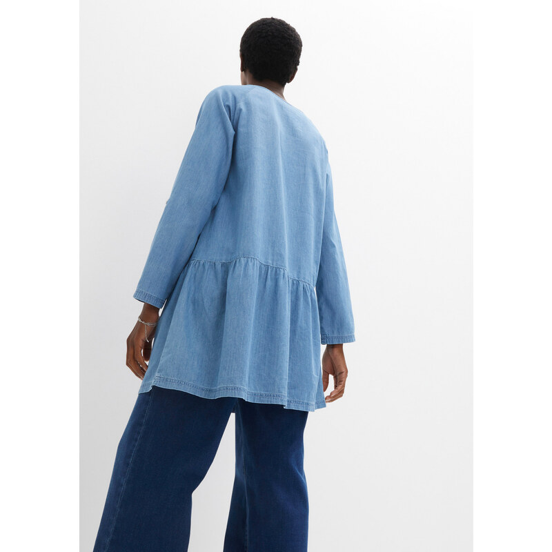 bonprix Džínová tunika s volánem a dlouhými rukávy, z organické bavlny Modrá