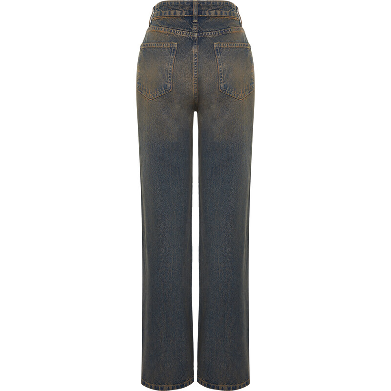 Trendyol Dark Blue Pale Effect Vintage High Waist Wide Leg Jeans