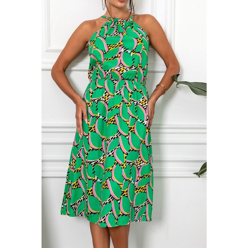 armonika Women's Green Barter Neck Elastic Waist Sleeveless Dress