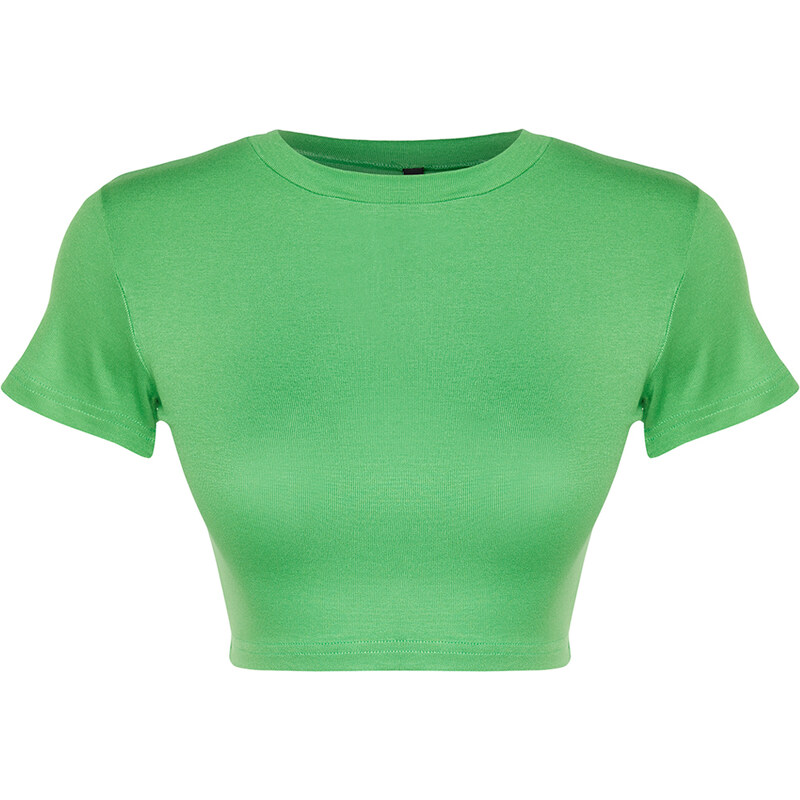 Trendyol Premium Green Viscose/Soft Fabric Crop Crew Neck Stretchy Knitted Blouse